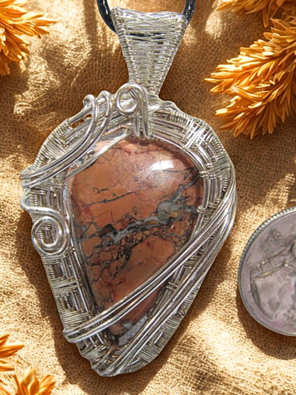 Handmade Wire Wrapped Maligano Jasper, Silver coated wire wrapped necklace - Picture 3 of 7